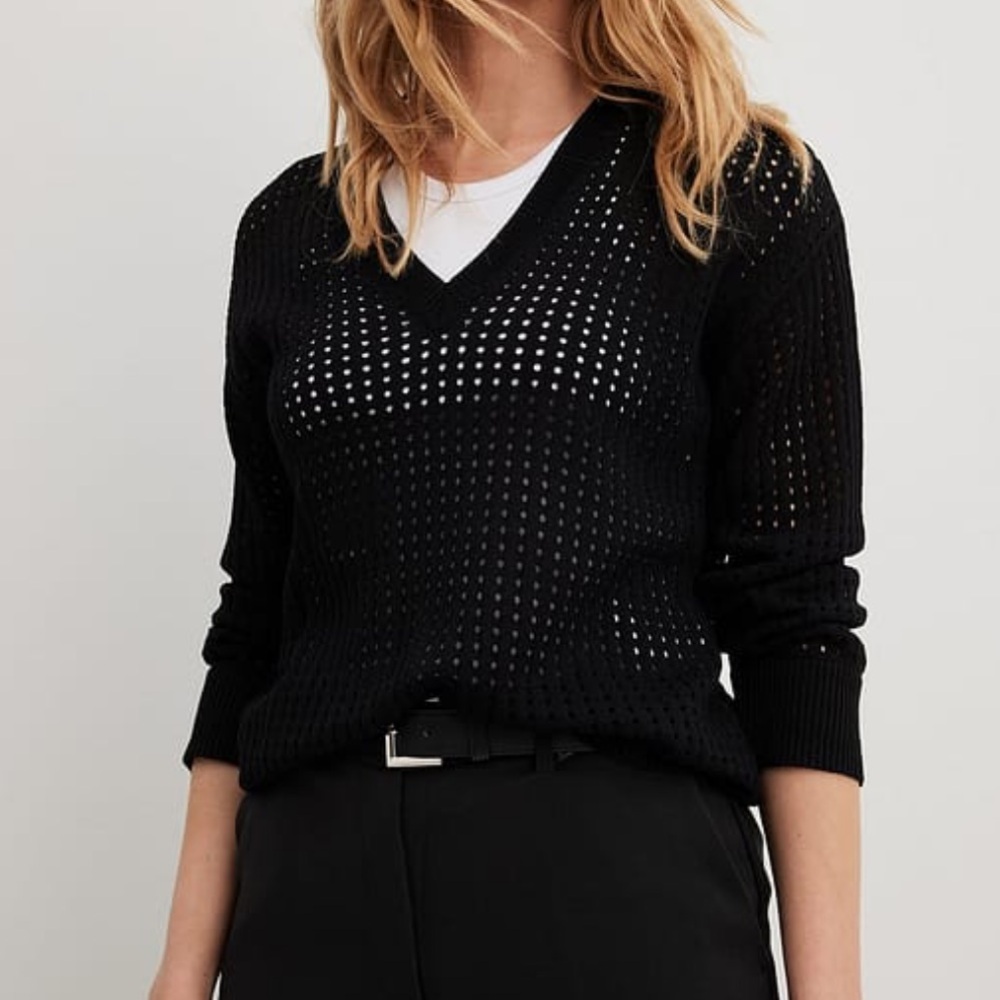 NA-KD Black Open Stitch Deep V Neck Pullover Sweater XXS